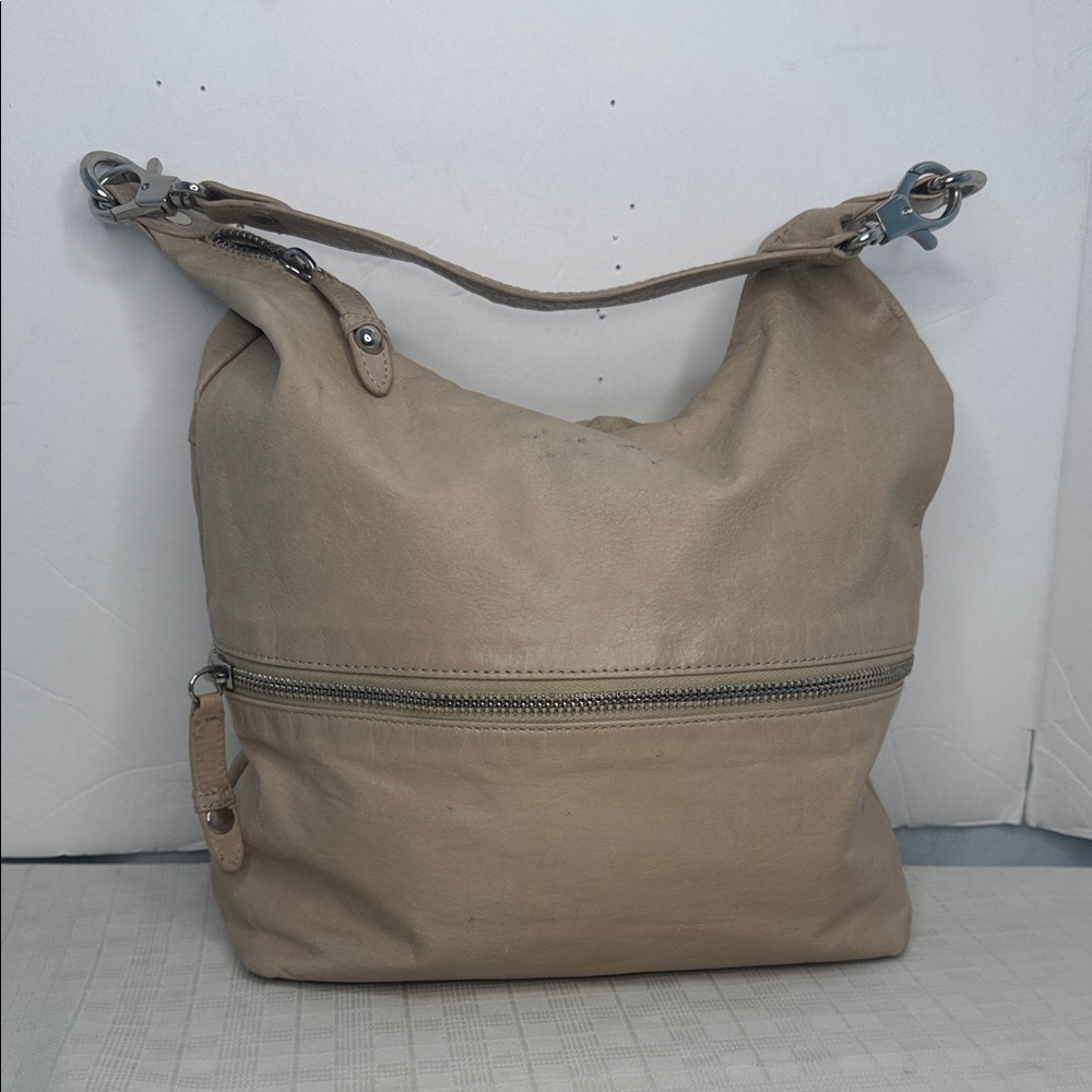 HOBO Taupe Pebble Leather Slouch Shoulder Bag Front Zip Pocket